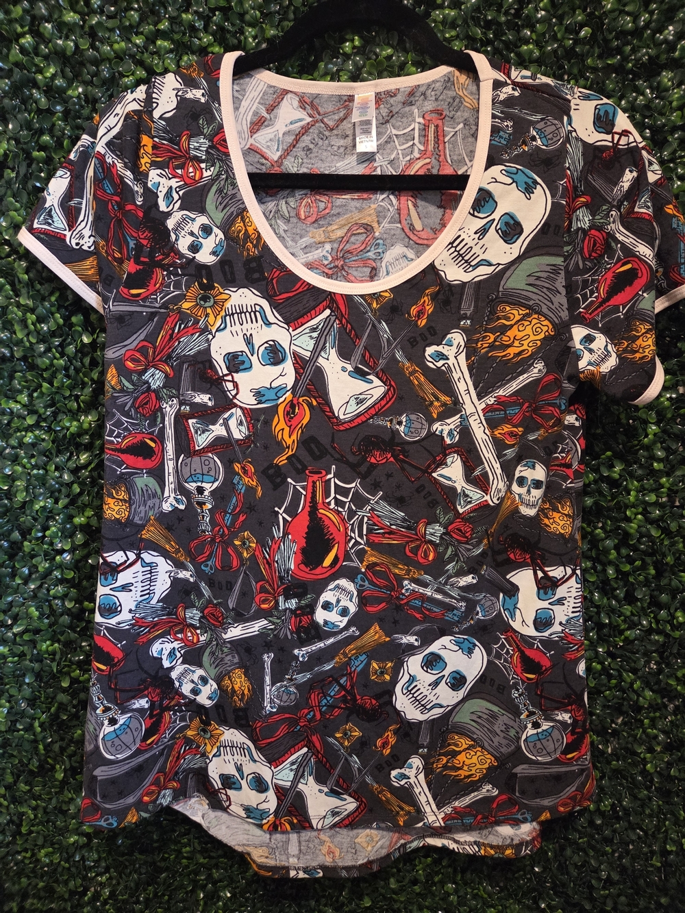 LuLaRoe Short Sleeve Graphic Tee - Black with White, Blue, Red & Yellow Accents